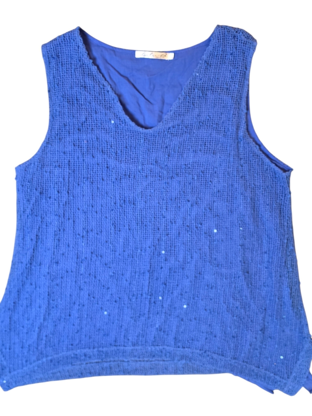 Lulu-B Blouse Womans Large Royal Blue V-Neck Sequin Knit Tank Bohemian Hippie